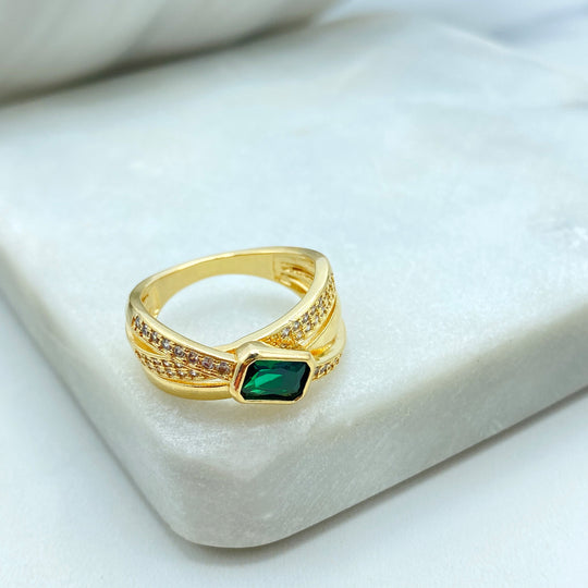 18k Gold Filled Twisted Design Ring, with Simulated Emerald and Micro Pave Band, Green Cubic Zirconia Twisted Ring, Wholesale Jewelry