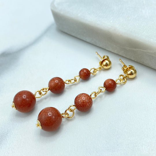 18k Gold Filled Aventurine Gem Drop & Dangle Earrings, Graduated Aventurine Beads in Three Sizes, Aventurine Earrings