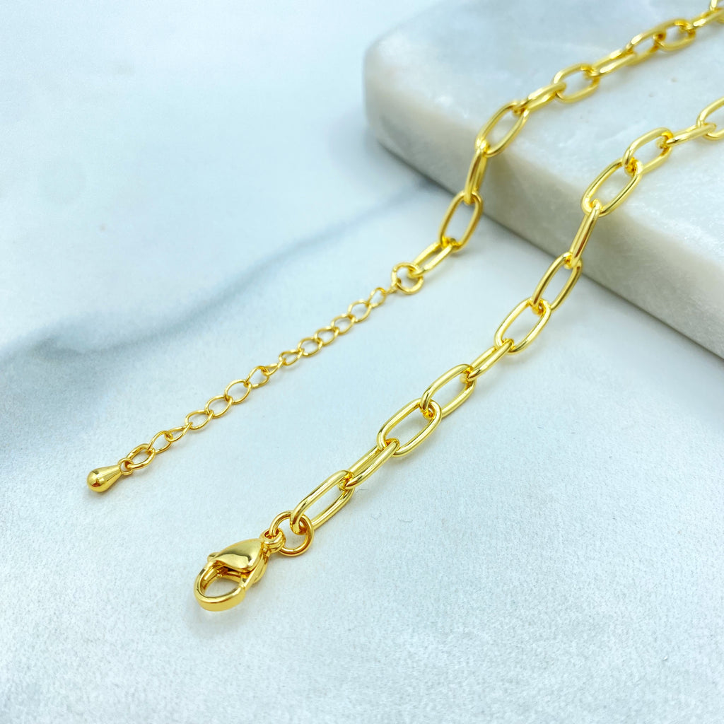 18k Gold Filled Necklace, Paperclip Chain with CZ Guadalupe Medal & “Fe” Charm Necklace, 16" + Extender