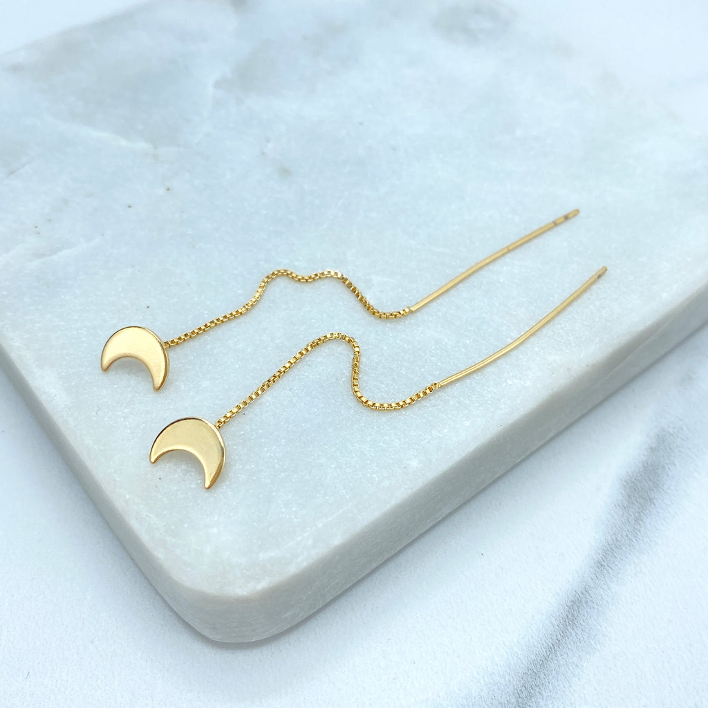 18k Gold Filled Box Chain Threader Earrings with Drop Polished Star, Moon or Heart Charm