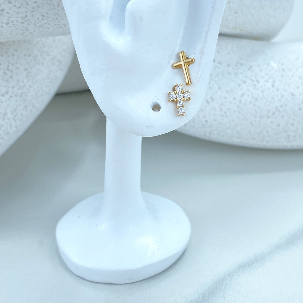 14k Solid Gold Cross Shape Stud Earrings, Polished or featuring Cubic Zirconia