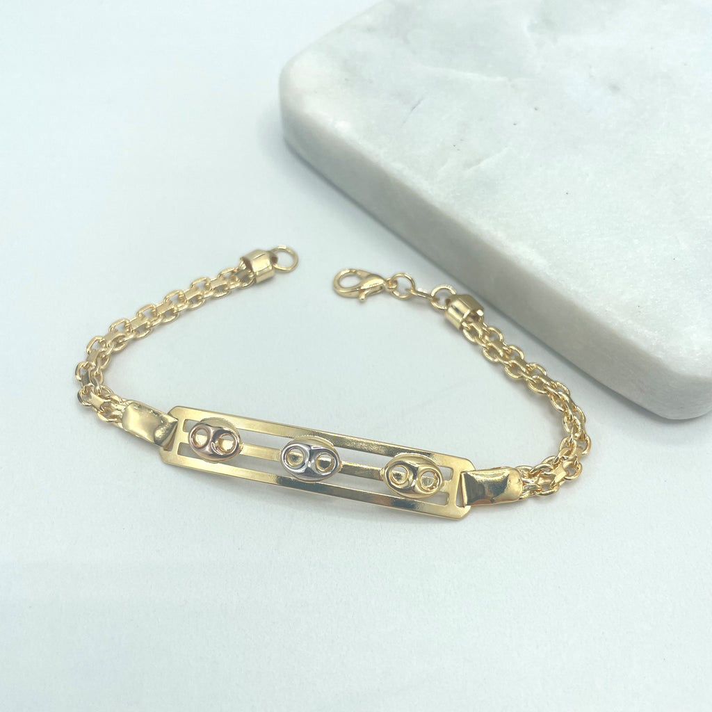 18k Gold Filled 2mm Popcorn Link Chain ID Bracelet with Three Tone Mariner Charm on top