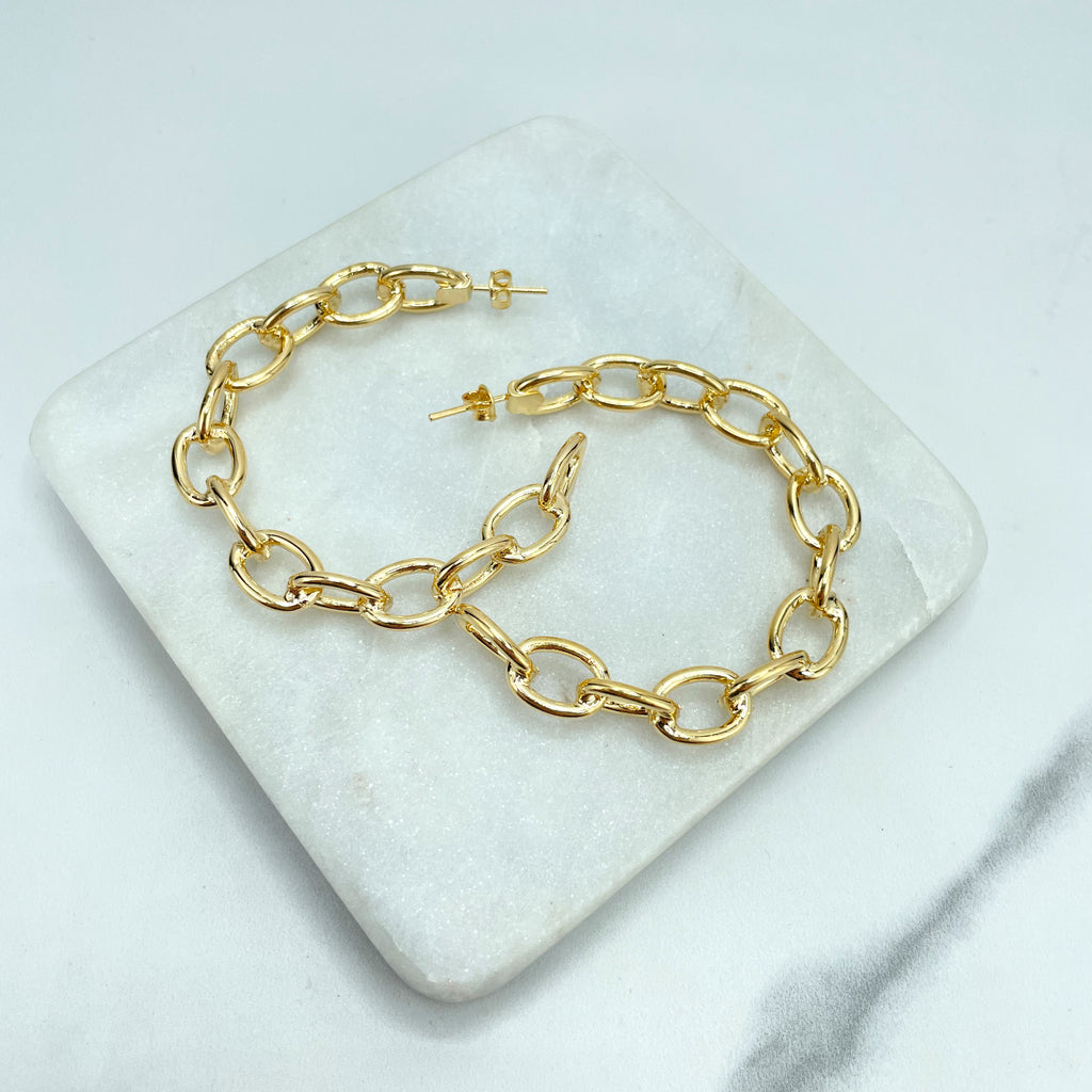 18k Gold Filled 51mm C-Hoop Paperclip Link Style, Hoop Link Earrings