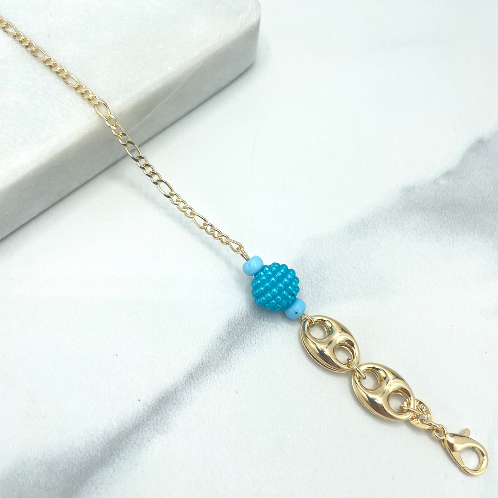 18k Gold Filled Anklet,Figaro Chain Link with Turquoise Bead and Puffed Mariner Link Charms