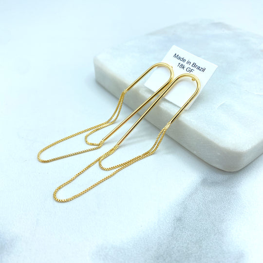18k Gold Filled Paper Clip Pin Shaped Stud Earrings, Pin Earrings with Dangle Double Lines
