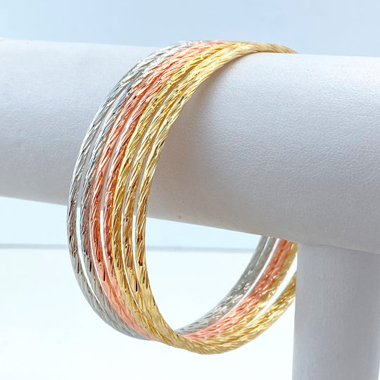 18k Gold Filled Lines Diamond-Cut Bangle Bracelet Stackable in Tri-Tone, 7pcs Thin Circle Stackable Bracelet, 7 Piece Skinny Bangle Set