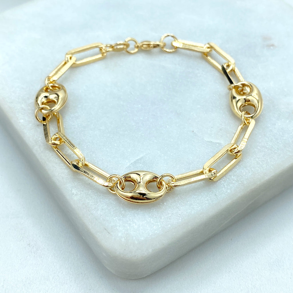 18k Gold Filled or Silver Filled 9mm Puff Mariner Link with 5mm Paperclip Link Bracelet.