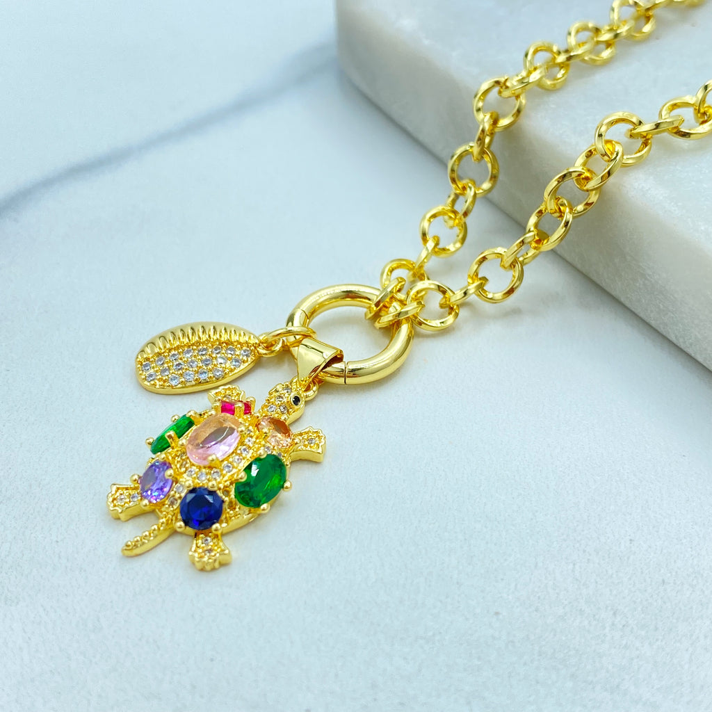 18k Gold Filled Necklace, Rolo Chain with Multicolor CZ Turtle and Clear CZ Cowry Shell Charms Necklace, 16" + Extender