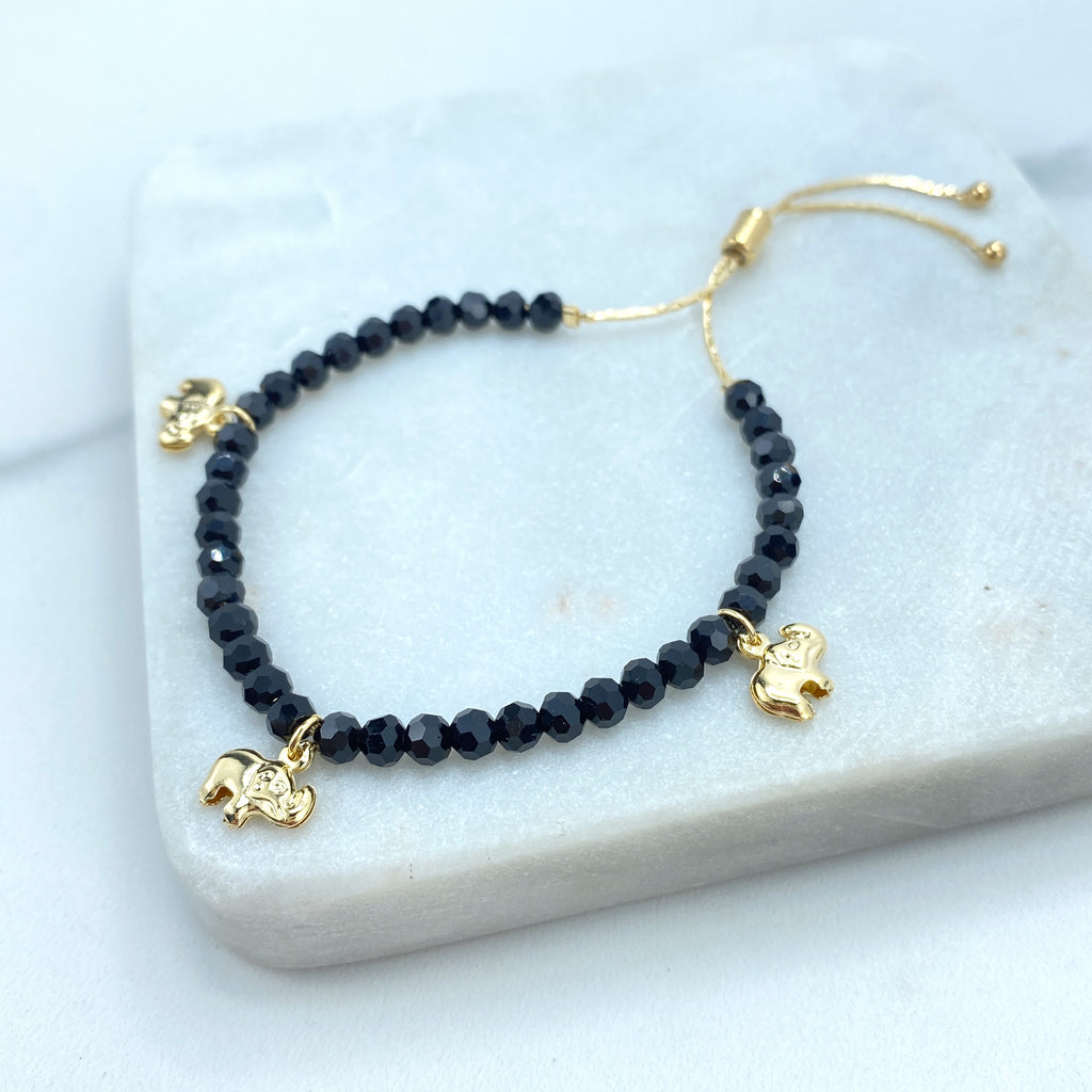 18k Gold Filled Beaded Adjustable Bracelet, Black Beads with Puffed Elephants Charms Adjustable Bracelet