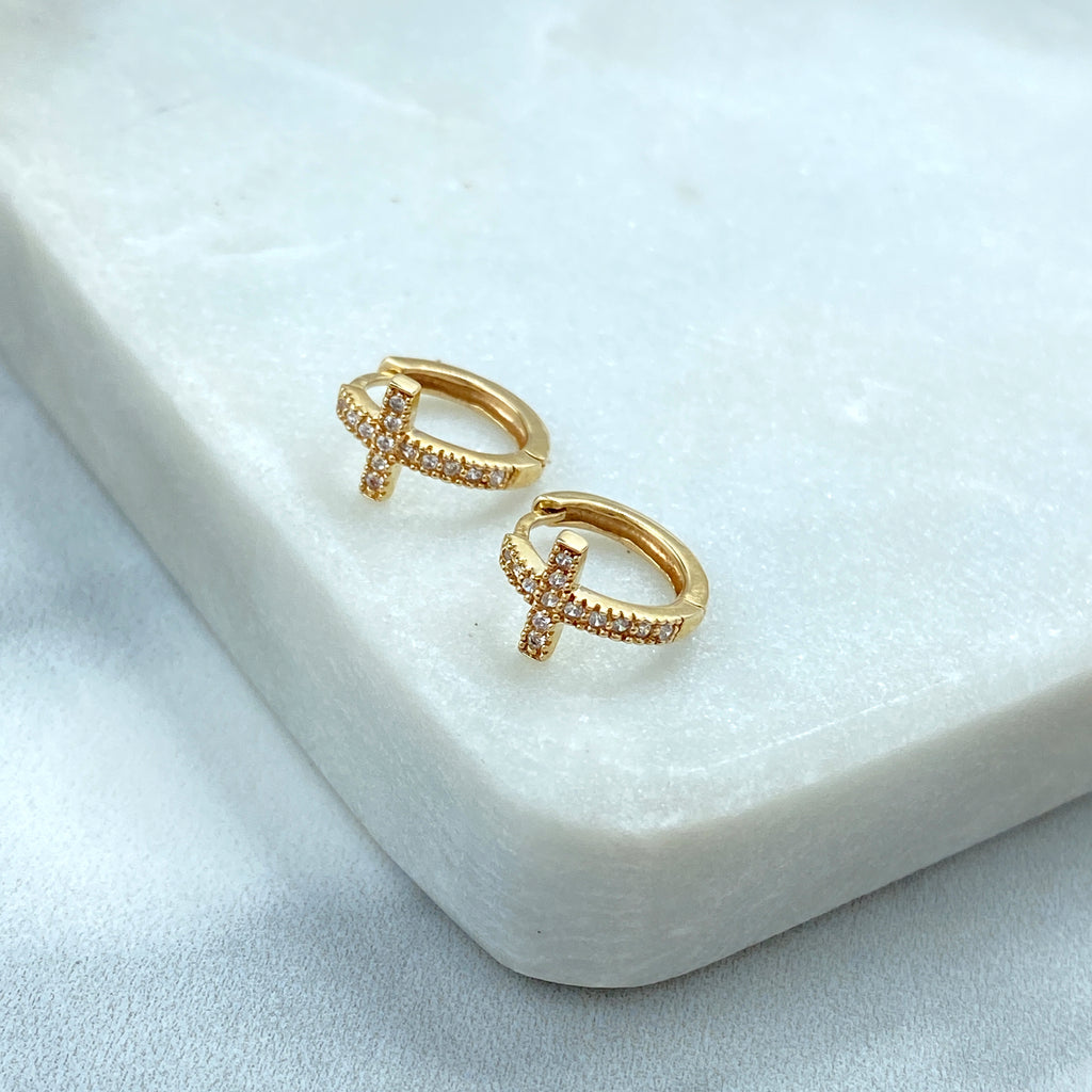 14k Solid Gold Huggies Cross Earrings featuring Clear CZ, 14k Solid Yellow Gold CZ Cross Huggie Earrings