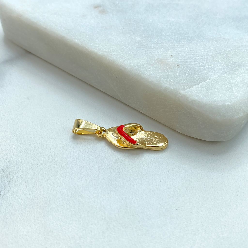 18k Gold Filled 3d Flip Flops Charm with Red Enamel, Summer Charm, Petite Red Sandal Pendant