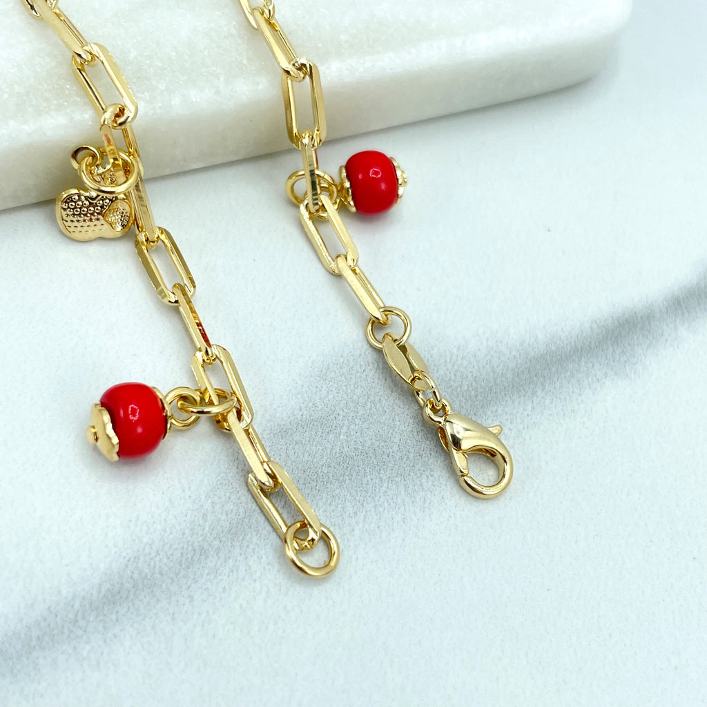 18k Gold Filled 4mm Paperclip Chain Dangle Red Beads & Gold Apples Charms Anklet