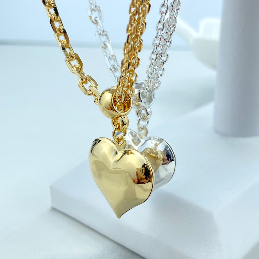 18k Gold Filled or Silver Filled Bracelet with Paperclip Chain and Bundle Paperclip Chains with Puffed 3D Hearts Charm