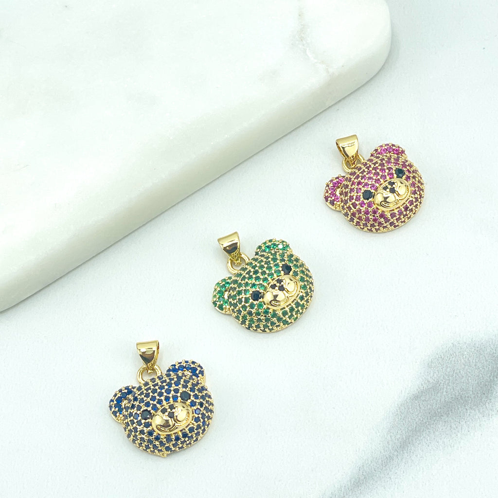 18k Gold Filled Blue, Green or Pink Micro CZ Cute Teddy Bear Face Head Shape Charms