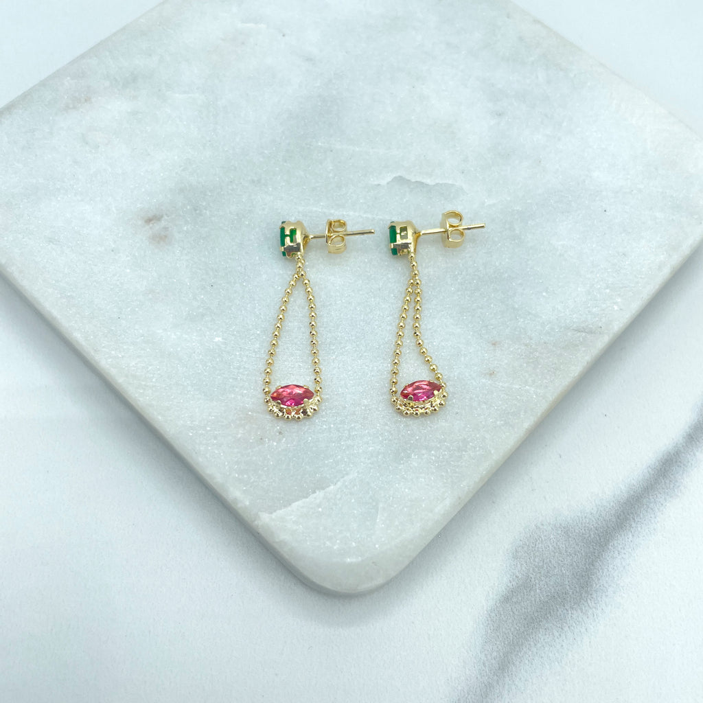 18k Gold Filled Drop and Dangle Earrings, Teardrop Shape Earrings, with Green and Pink CZ