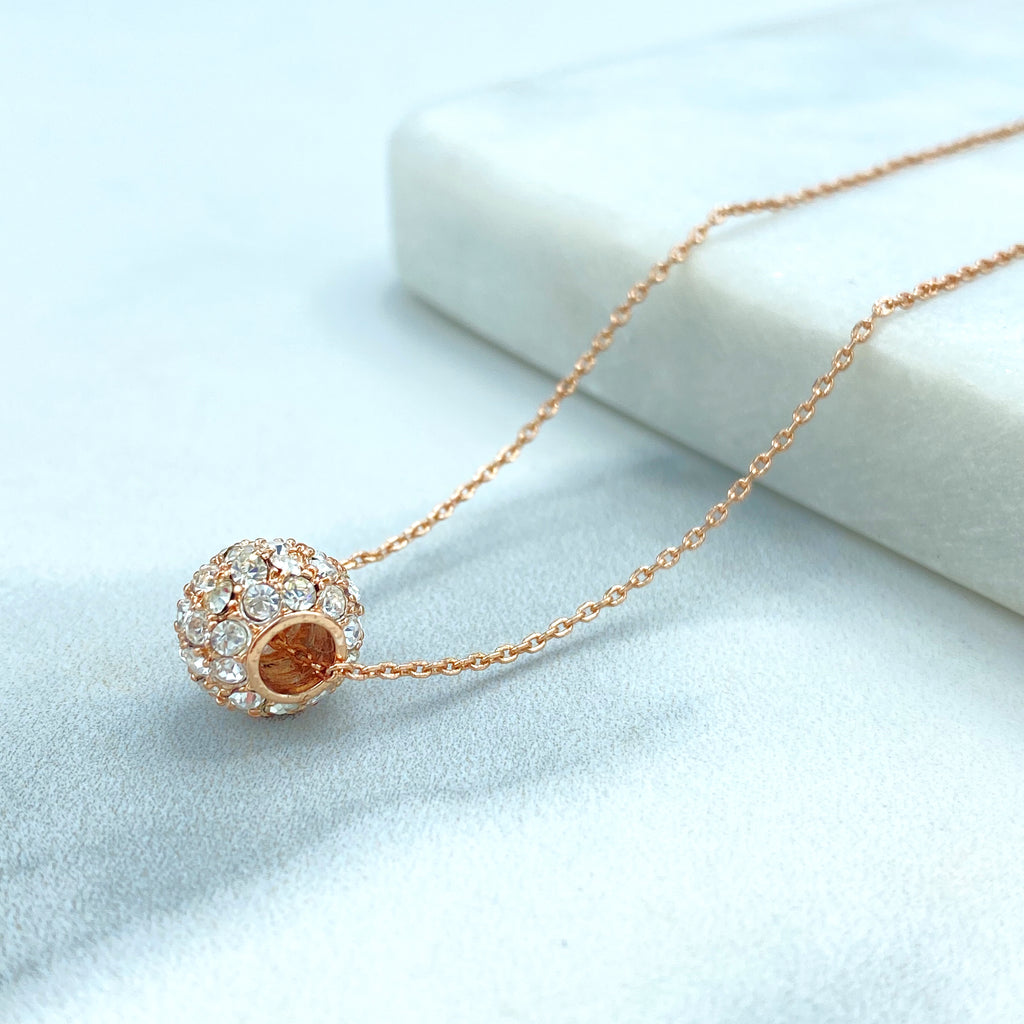 Rose Gold Filled Delicate Necklace with CZ Cylinder Charm Front, and Pink Enamel Star Extender