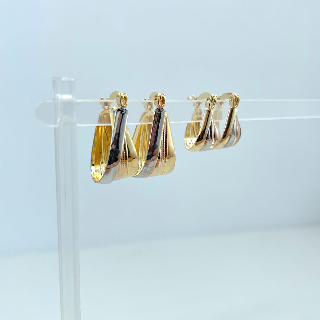 18k Gold Filled Oval Hoop Earrings, Three Tone