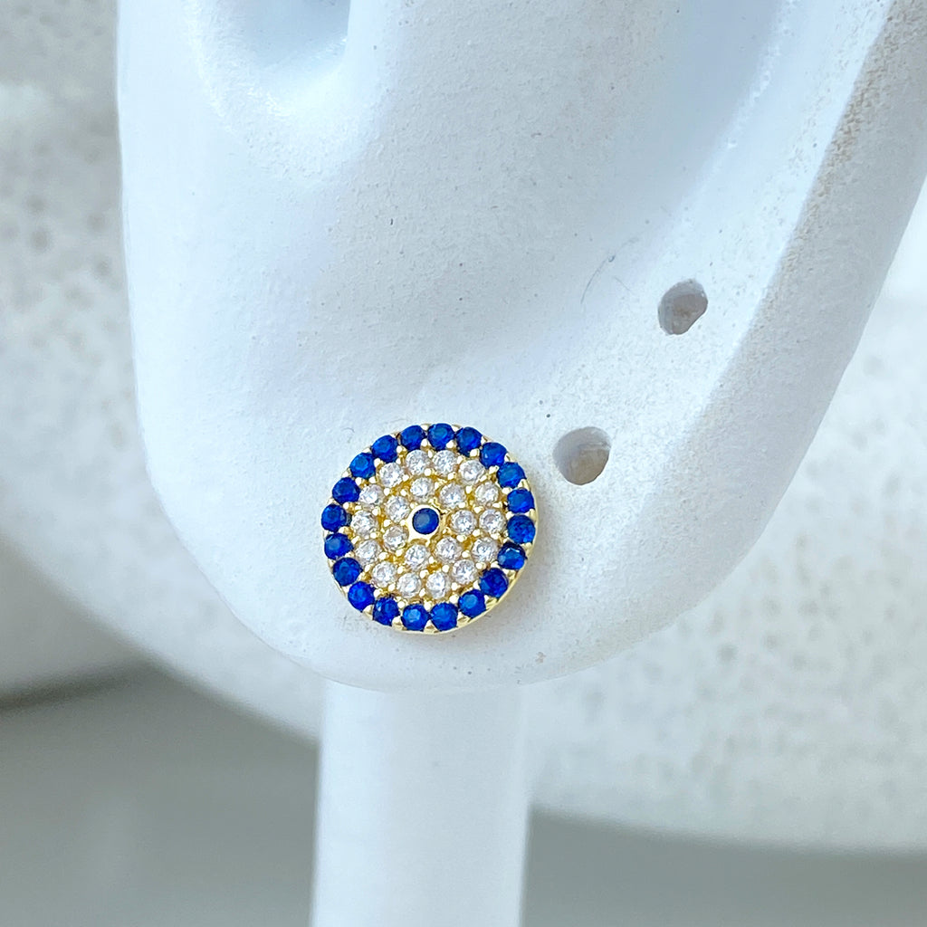 14k Solid Gold Evil Eye Micro CZ Stud Earrings, 14k Solid Yellow Gold CZ Stud Earrings