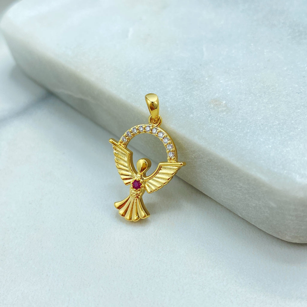 18k Gold Filled Angel Charm, CZ Halo Pendant with Red CZ Stone, Dainty Religious Jewelry, Faith Gift, CZ Angel Charm