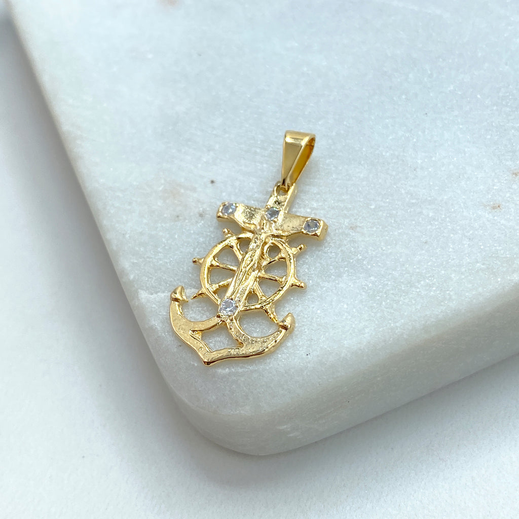 18k Gold Filled Nautical Anchor Jesus Cross featuring Micro CZ Pendant, Anchor and Crucifix Charm