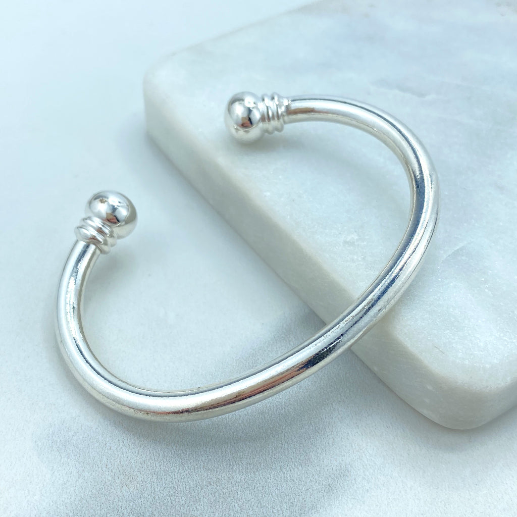 Silver Filled Bangle Featuring Two Solid Balls On Top, Cuff Bracelets, C-Shaped, Classic Bracelet, Fine Bracelet