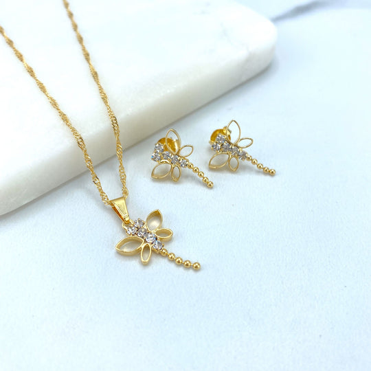 18k Gold Filled 1mm Singapore Chain Necklace with Dragon-fly Charm & Stud Earrings Set