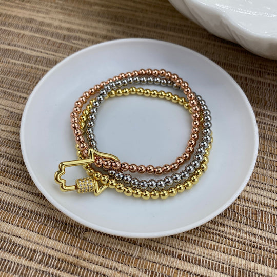 18k Gold Filled Three Tone 4mm Beads Elastic & Stackable Bracelet with Micro CZ Hamsa Hand