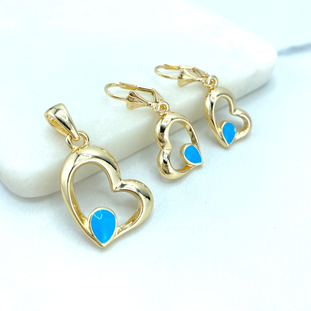 18k Gold Filled Colored Enamel Heart Shape Dangle Earrings and Pendant Set