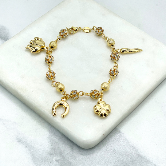 18k Gold Filled Cubic Zirconia Balls Linked with Puffed Lucky and Protection Horseshoe, Clover, Chili & Elephant Charms Bracelet, Wholesale