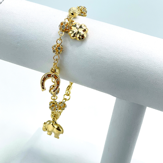 18k Gold Filled Cubic Zirconia Balls Linked with Puffed Lucky and Protection Horseshoe, Clover, Chili & Elephant Charms Bracelet, Wholesale