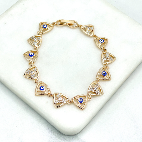 18k Gold Filled Cubic Zirconia Details, Triangle Shape Links Bracelet with Light Blue or Royal Blue Evil Eyes Bracelet, Wholesale