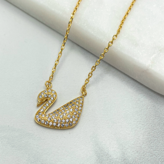 18k Gold Filled 1mm Rolo Chain with Clear Micro Pave Cubic Zirconia Swan Charm Necklace with Extender, Wholesale