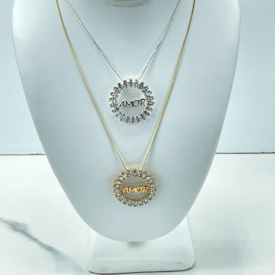 18k Gold Filled or Silver Filled Cubic Zirconia Circle Medallion With Cutout "AMOR" Word Inside Necklace, Wholesale
