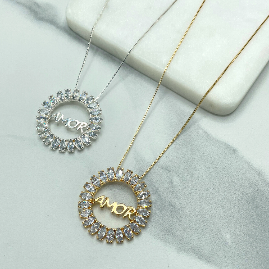 18k Gold Filled or Silver Filled Cubic Zirconia Circle Medallion With Cutout "AMOR" Word Inside Necklace, Wholesale