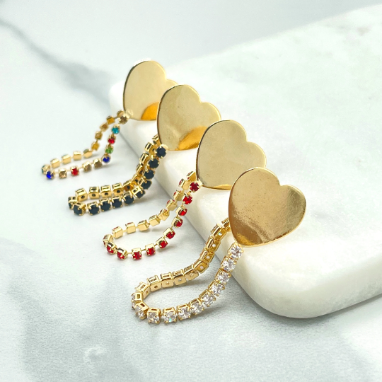 18k Gold Filled Polish Heart Stud With Cubic Zirconia Hanging Push Back Closure Earrings, Clear, Black, Colored or Red, Wholesale