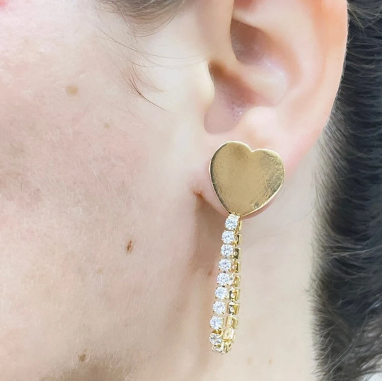 18k Gold Filled Polish Heart Stud With Cubic Zirconia Hanging Push Back Closure Earrings, Clear, Black, Colored or Red, Wholesale