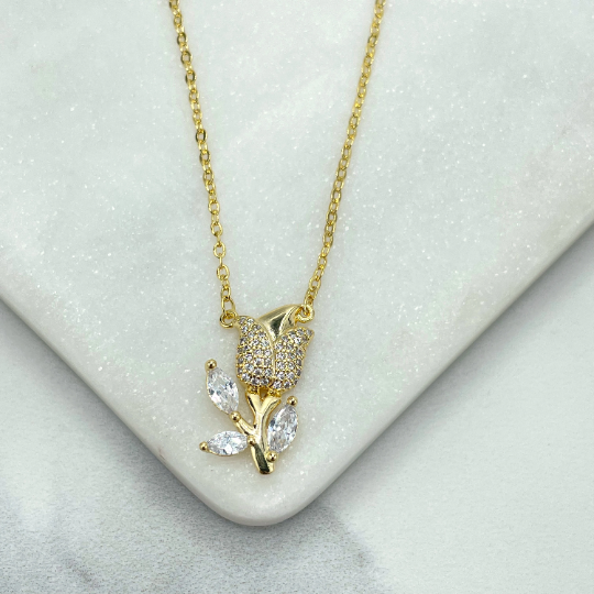 18k Gold Filled 1mm Rolo Chain Clear Micro Cubic Zirconia Tulip Flower Charm Necklace with Extender, Wholesale