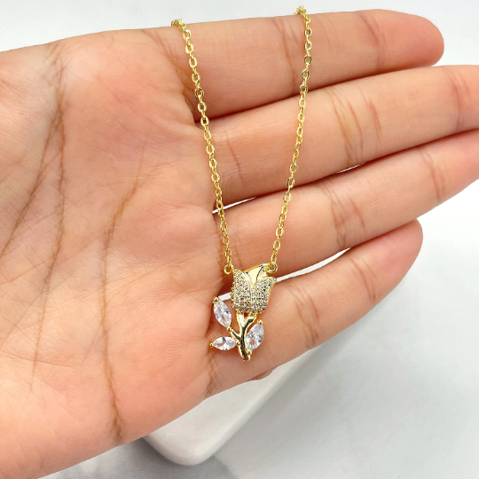 18k Gold Filled 1mm Rolo Chain Clear Micro Cubic Zirconia Tulip Flower Charm Necklace with Extender, Wholesale