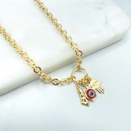 18k Gold Filled Figa Hand, Red Evil Eye & Hansa Hand Dangle Charms Anklet