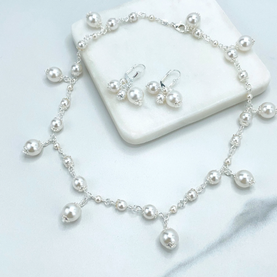 Silver Filled Pearls Linked Necklace Dangle Pearls & Dangle Pearls Earrings SET