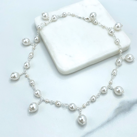 Silver Filled Pearls Linked Necklace Dangle Pearls & Dangle Pearls Earrings SET