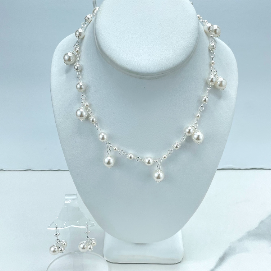 Silver Filled Pearls Linked Necklace Dangle Pearls & Dangle Pearls Earrings SET