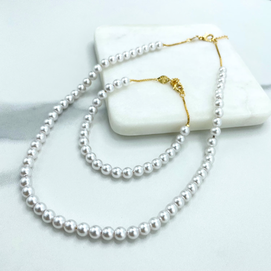 18k Gold Filled 1mm Box Chain & 6mm Pearls Linked Necklace or Bracelet SET