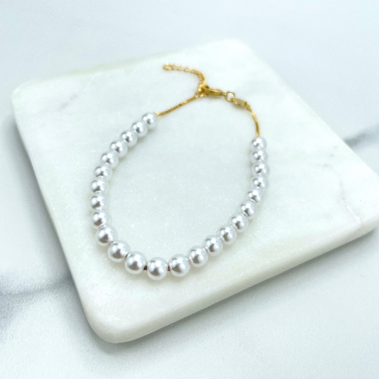 18k Gold Filled 1mm Box Chain & 6mm Pearls Linked Necklace or Bracelet SET