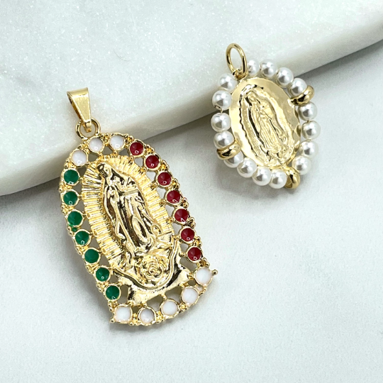 18k Gold Filled Our Lady Of Guadalupe Mexican Flag Medal or Pearls Medal Pendant