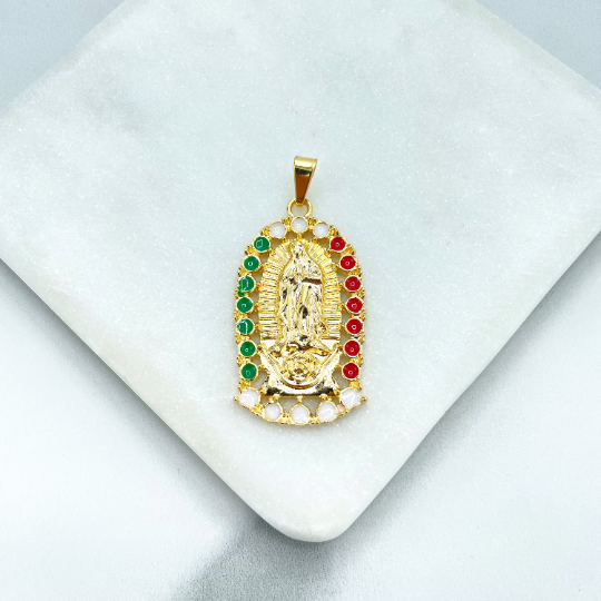 18k Gold Filled Our Lady Of Guadalupe Mexican Flag Medal or Pearls Medal Pendant