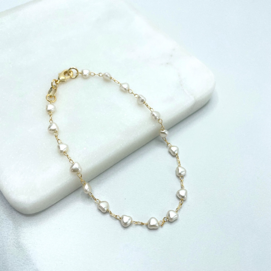 18k Gold Filled 4mm Heart Shape Simulated Pearl Linked Bracelet