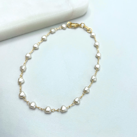 18k Gold Filled 4mm Heart Shape Simulated Pearl Linked Bracelet