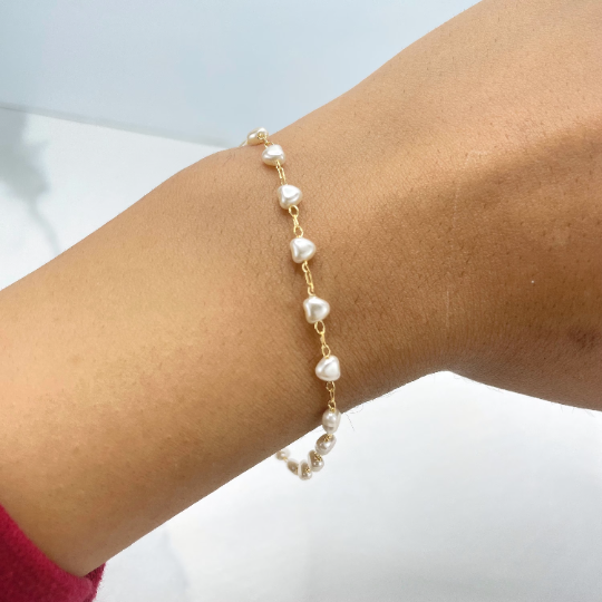 18k Gold Filled 4mm Heart Shape Simulated Pearl Linked Bracelet