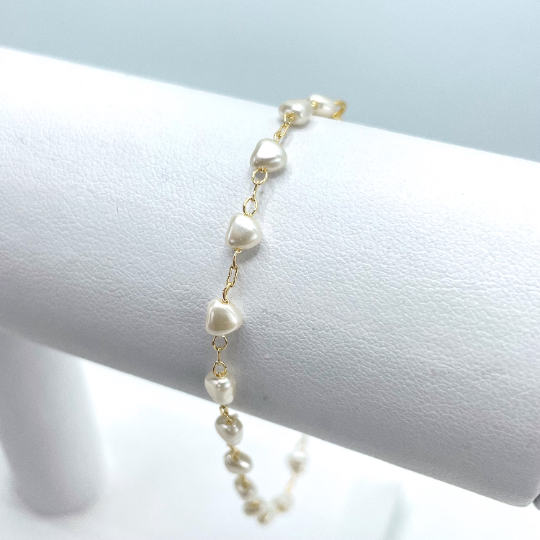 18k Gold Filled 4mm Heart Shape Simulated Pearl Linked Bracelet